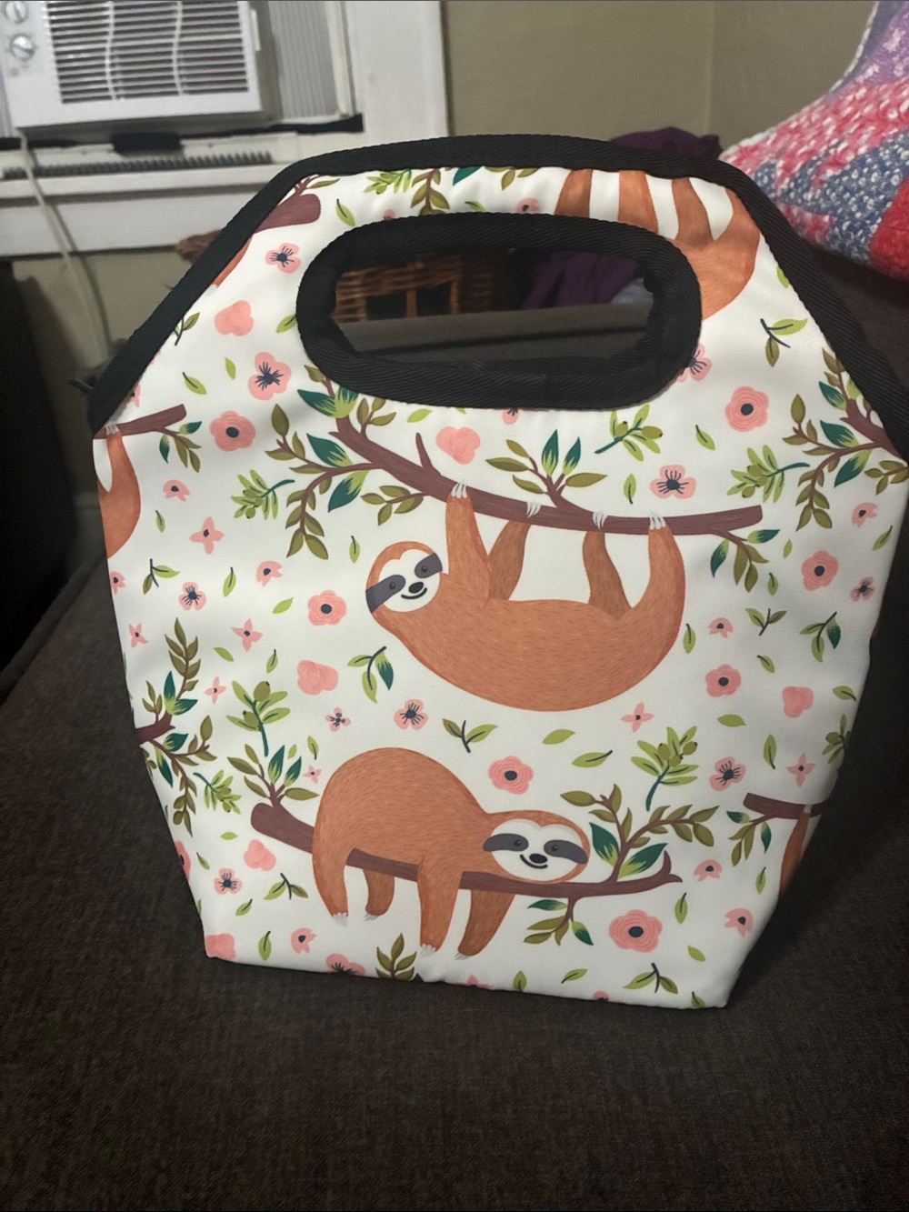 Cute Sloth Print Insulated Lunch Tote - Pink & Brown Floral new without tag